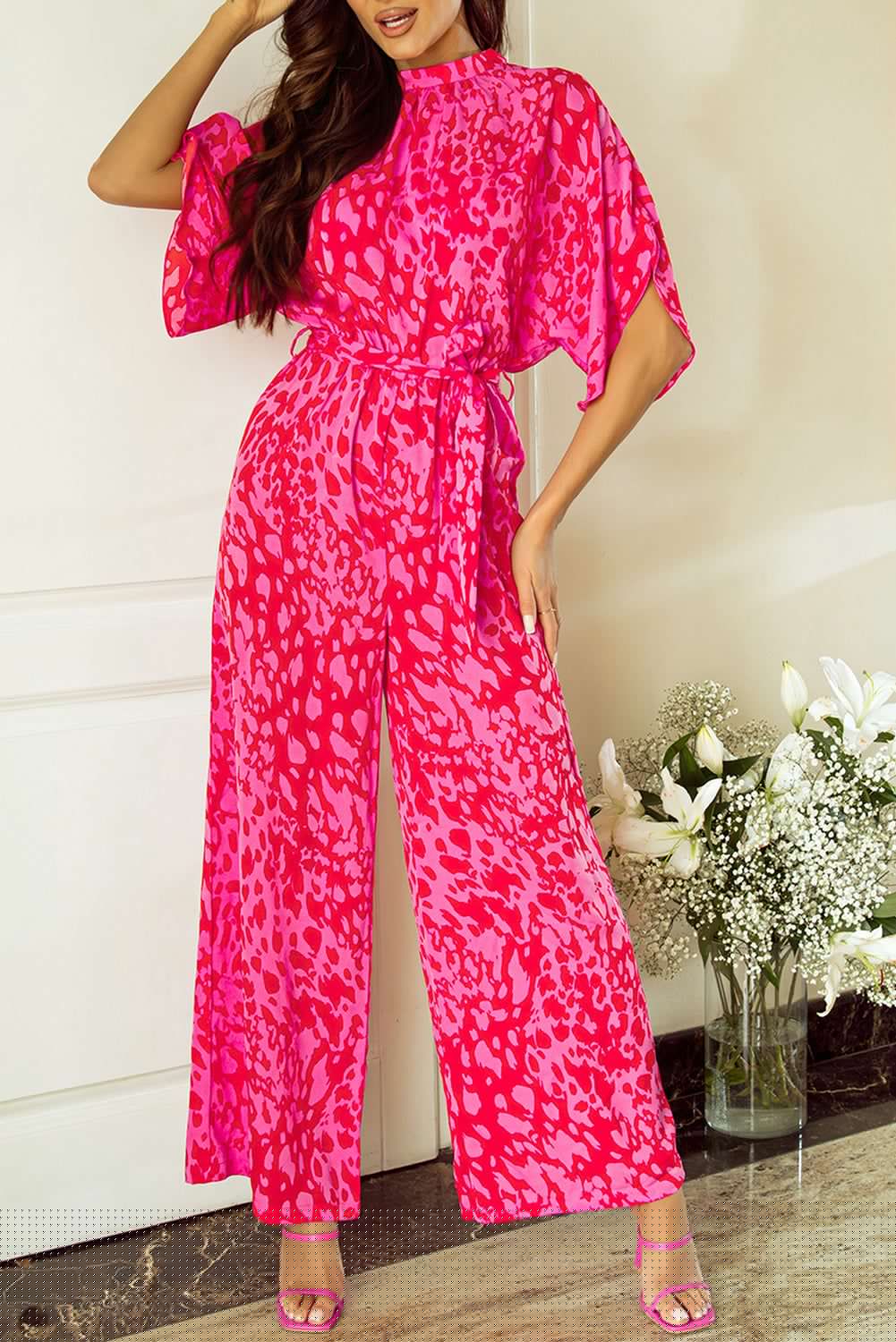 image-Leopard Print Wide Leg Jumpsuit - Rose Belted Loose Fit