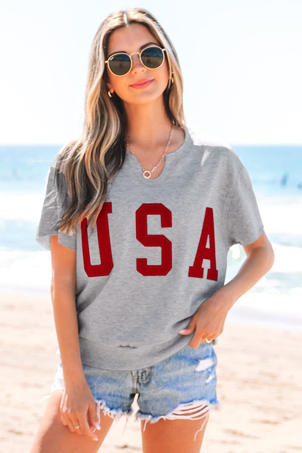 image-Light Grey USA Lettering Patch Notched Neck Loose Tee