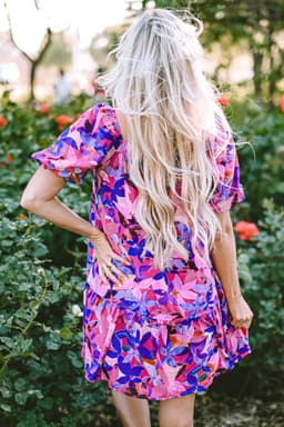 image-Purple Ruffled Short Sleeve Floral Print Dress - Sizes Available (59 characters)