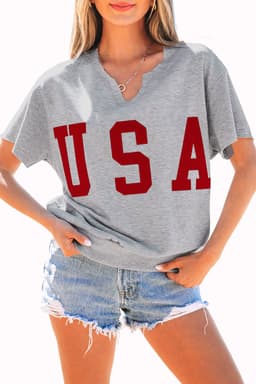 image-Light Grey USA Lettering Patch Notched Neck Loose Tee