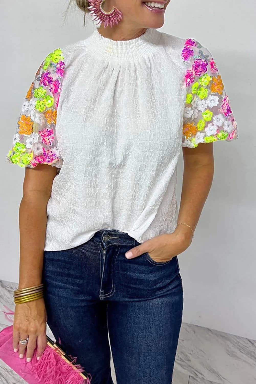 image-White Sequin Puff Sleeve Top - Smocked Collar