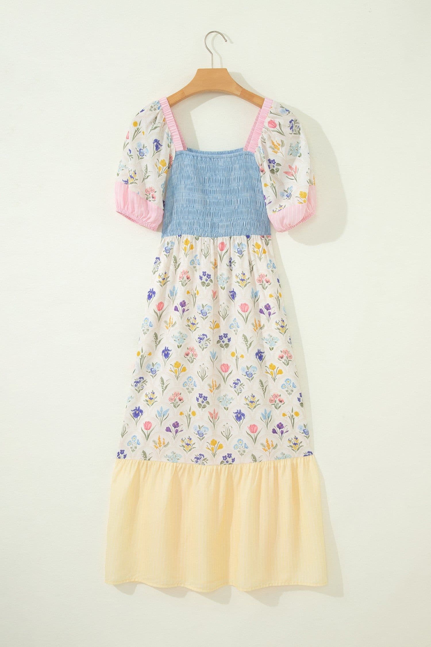 image-Floral Patchwork Long Dress - Square Neck Smocked Bodice