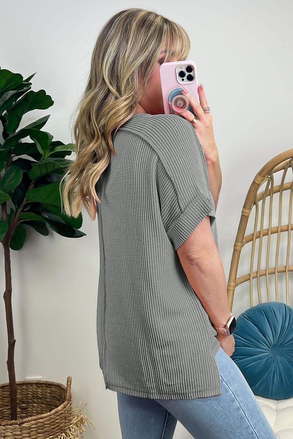 image-Medium Grey Textured Knit T-shirt with Exposed Stitching