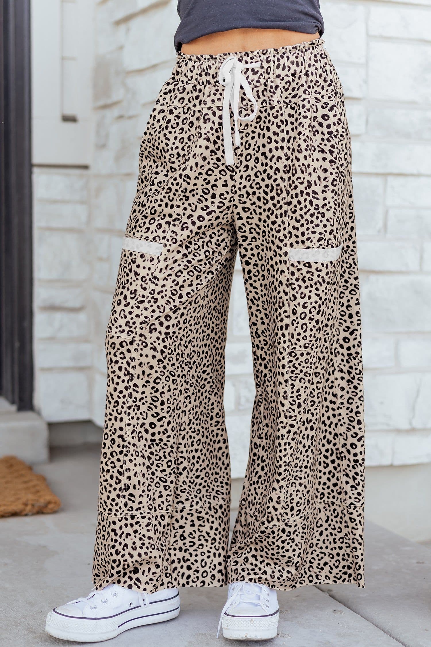 image-Khaki Animal Print Wide Leg Terry Knit Pants