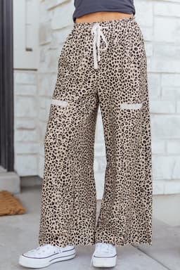 image-Khaki Animal Print Wide Leg Terry Knit Pants