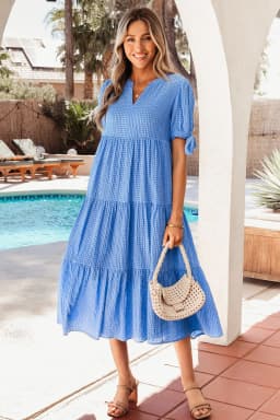 image-Dusk Blue Gingham Midi Dress - Bow Tie Sleeve