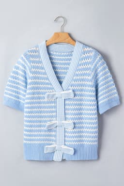 image-Sky Blue Stripe Knit V Neck Bow Sweater