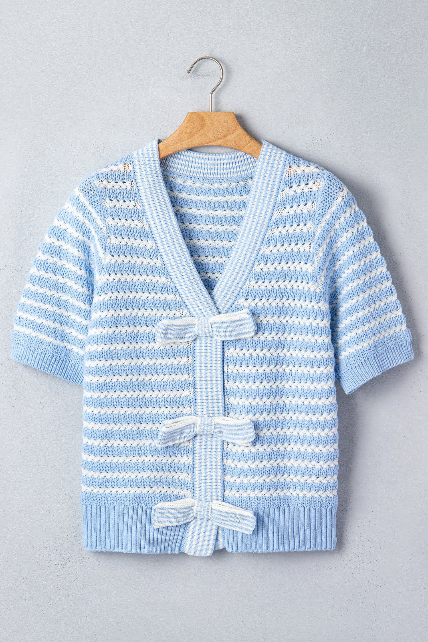 image-Sky Blue Stripe Knit V Neck Bow Sweater