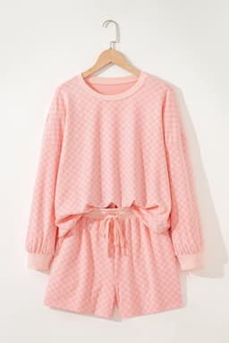 image-Pink Checkerboard Long Sleeve Pullover and Shorts Set