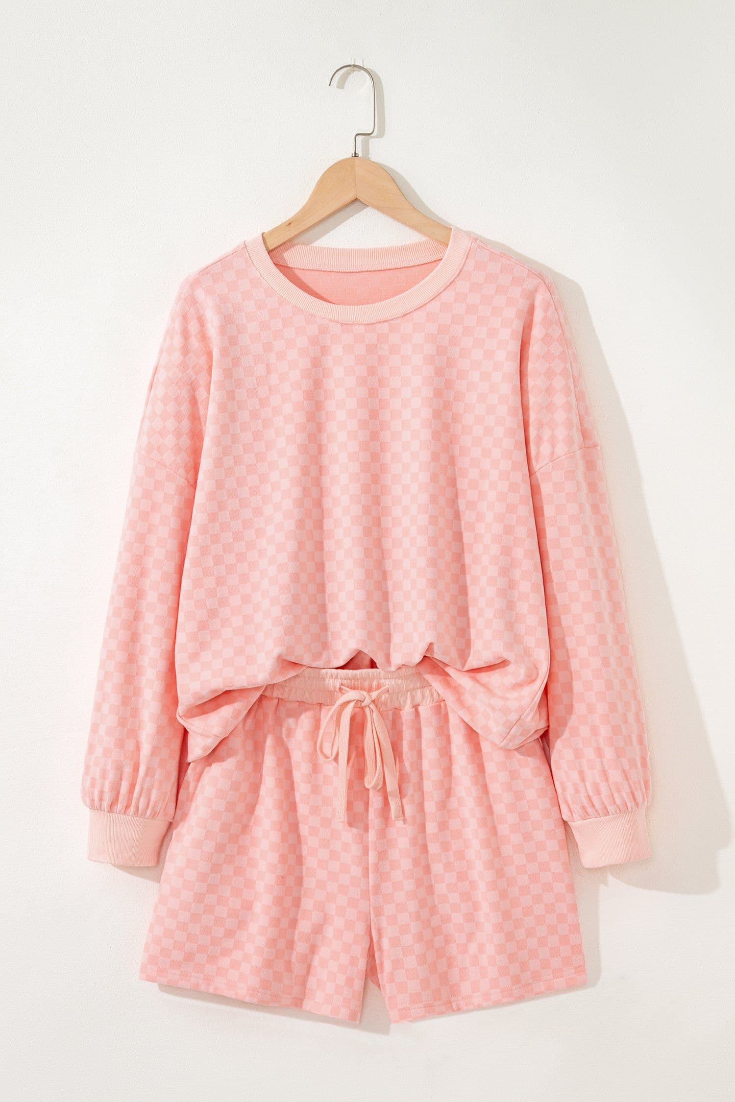 image-Pink Checkerboard Long Sleeve Pullover and Shorts Set