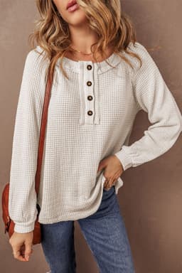 image-Oatmeal Knit Buttoned Front Raglan Loose Blouse