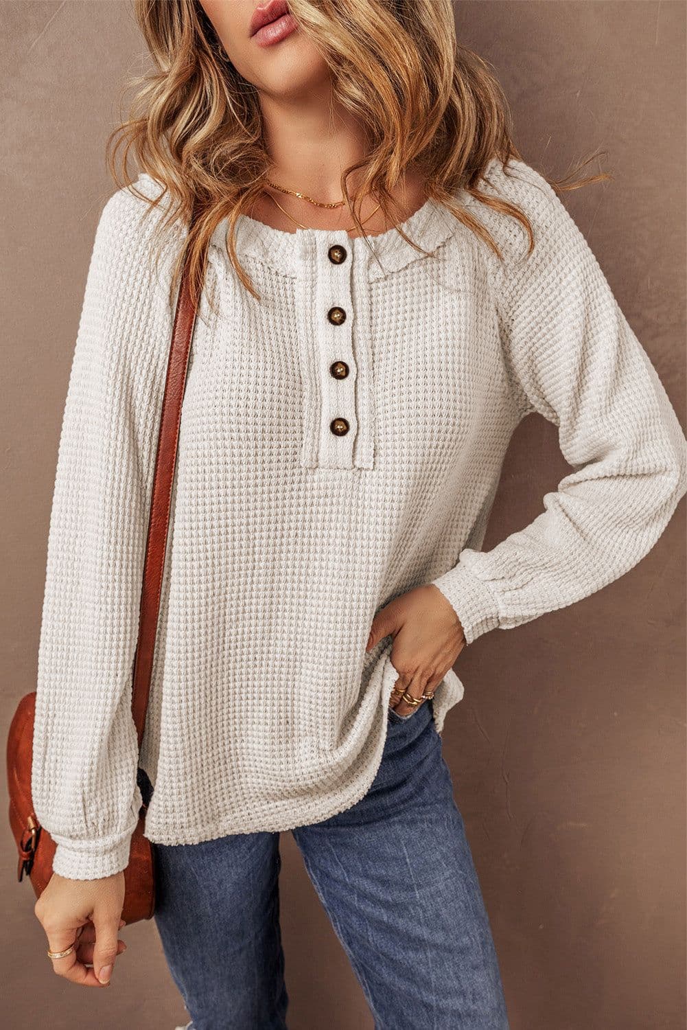 image-Oatmeal Knit Buttoned Front Raglan Loose Blouse