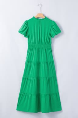 image-Bright Green V Neck Puff Sleeve High Waist Tiered Maxi