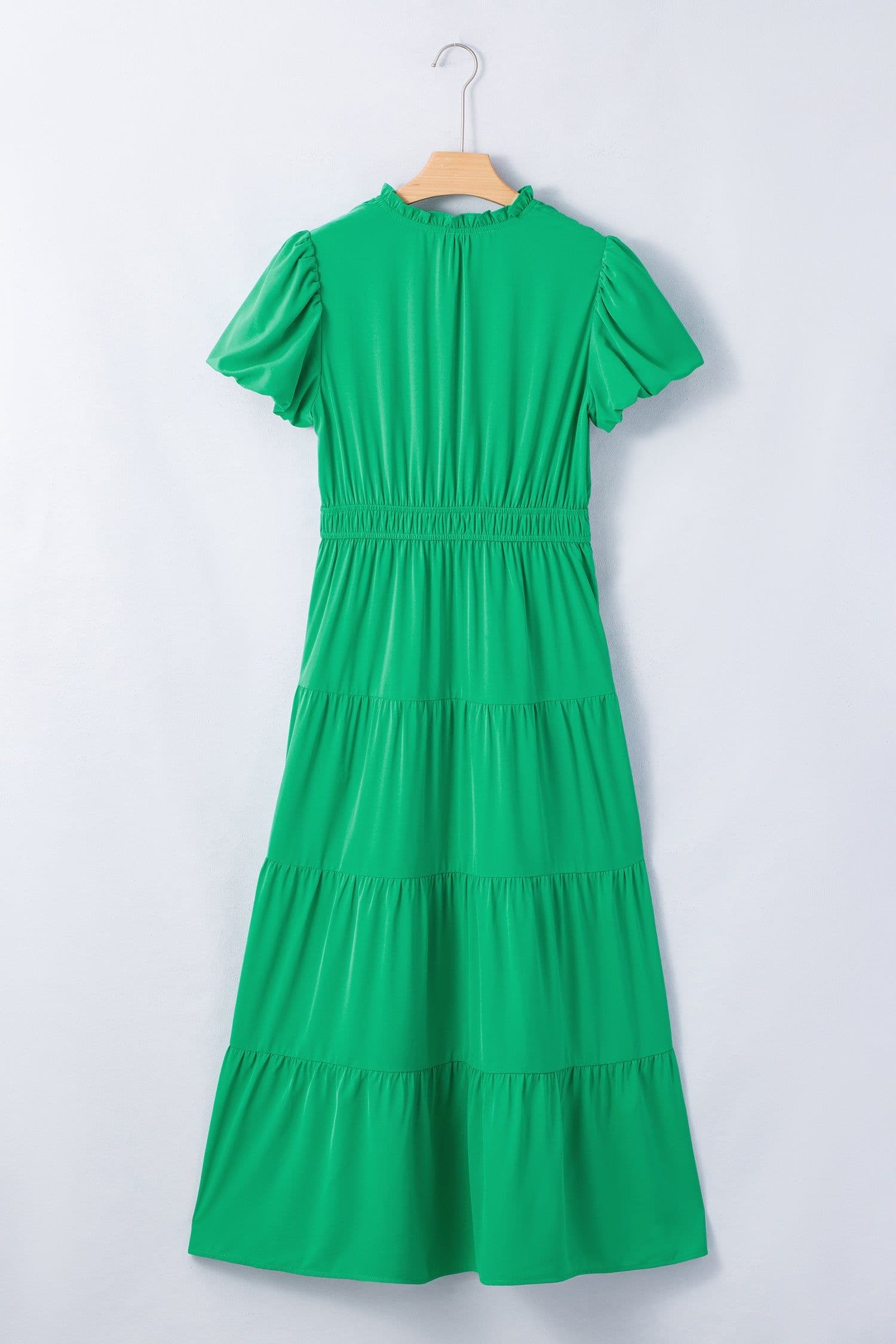 image-Bright Green V Neck Puff Sleeve High Waist Tiered Maxi