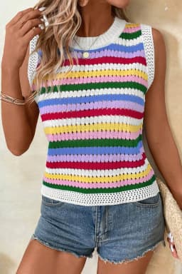 image-Multicolour Striped Knitted Eyelet Sweater Vest