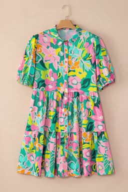 image-Green Floral Puff Sleeve Collar Buttoned Babydoll Dress