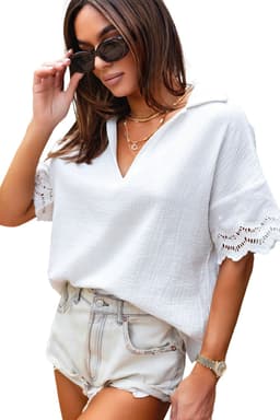 image-White Crinkled Lace Splicing V Neck Blouse