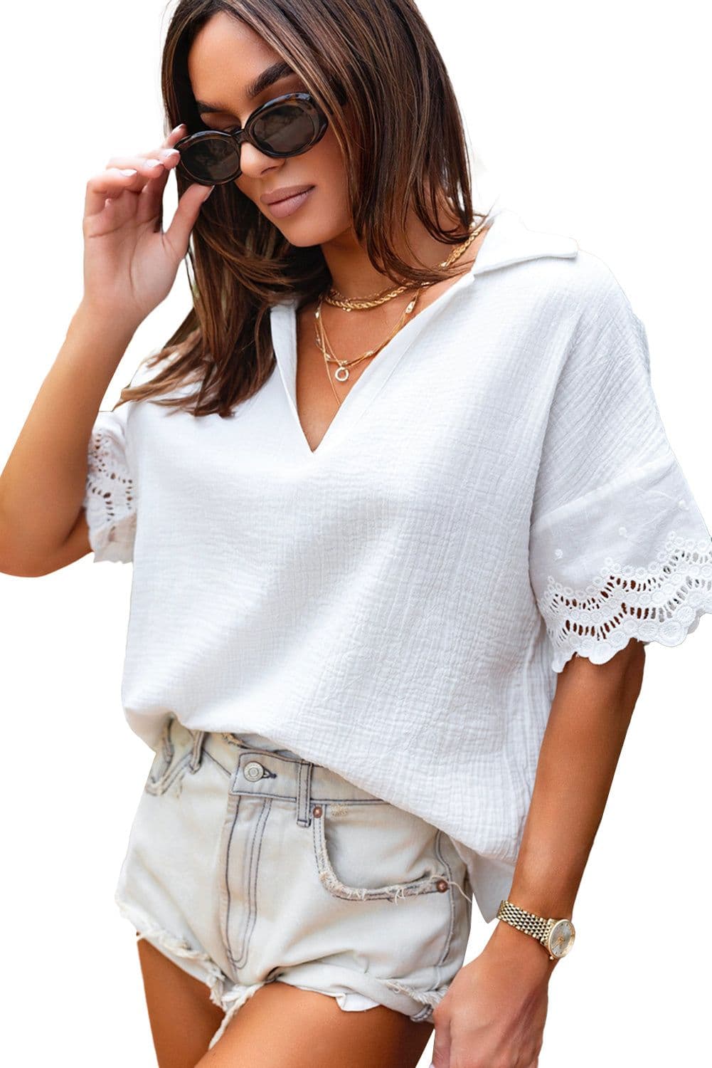 image-White Crinkled Lace Splicing V Neck Blouse