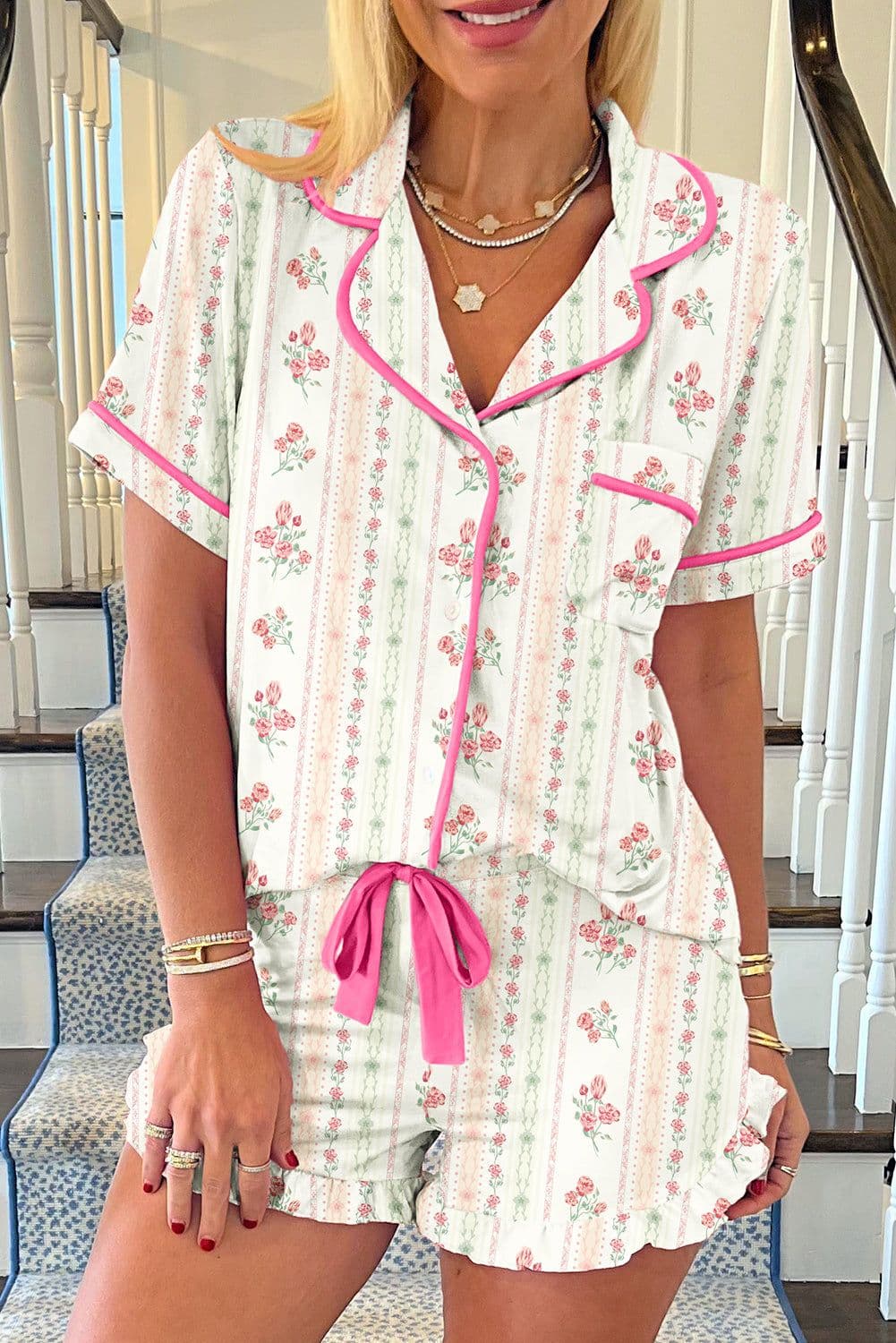 image-Beige Floral Print Contrast Pipping Short Pajamas Set