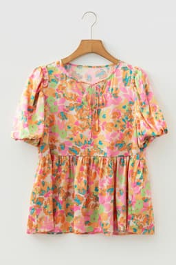 image-Orange Split V Neck Short Sleeve Flower Blouse