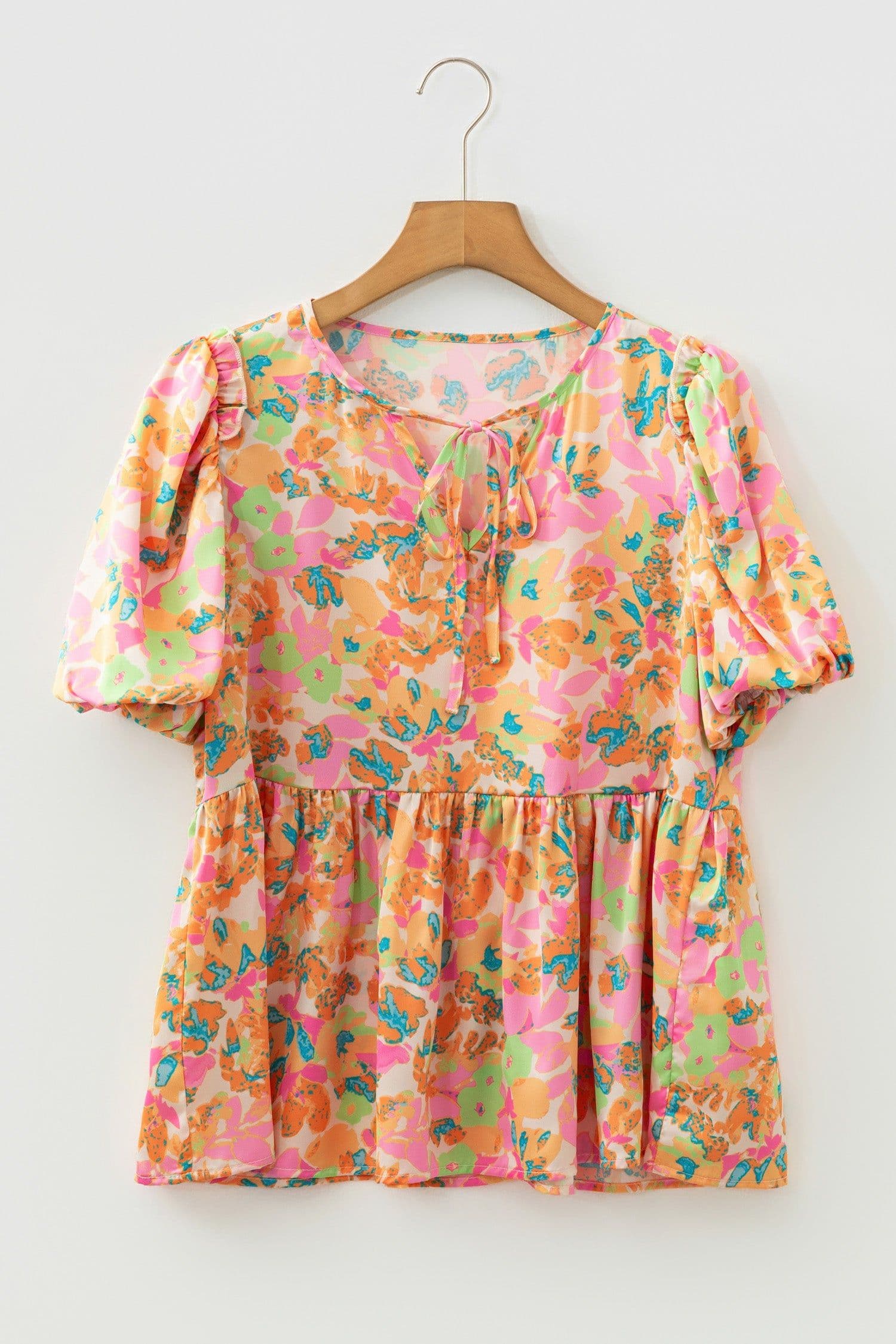 image-Orange Split V Neck Short Sleeve Flower Blouse