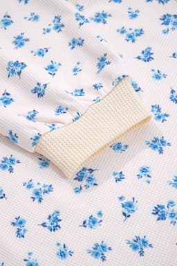 image-Beige Waffle Knit Floral Color Block Top