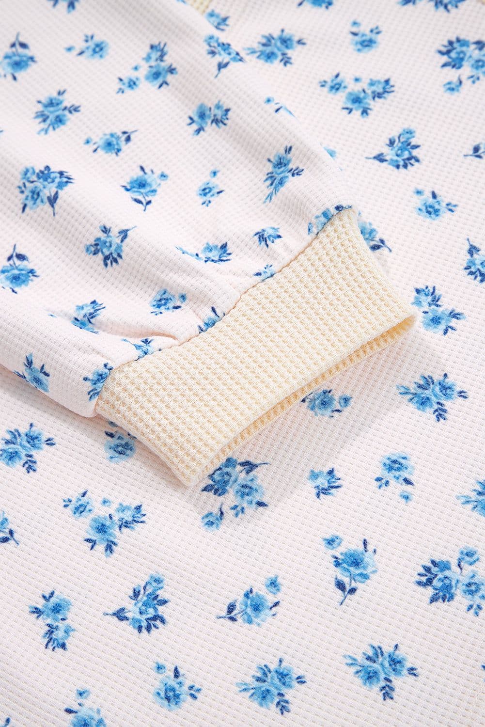 image-Beige Waffle Knit Floral Color Block Top