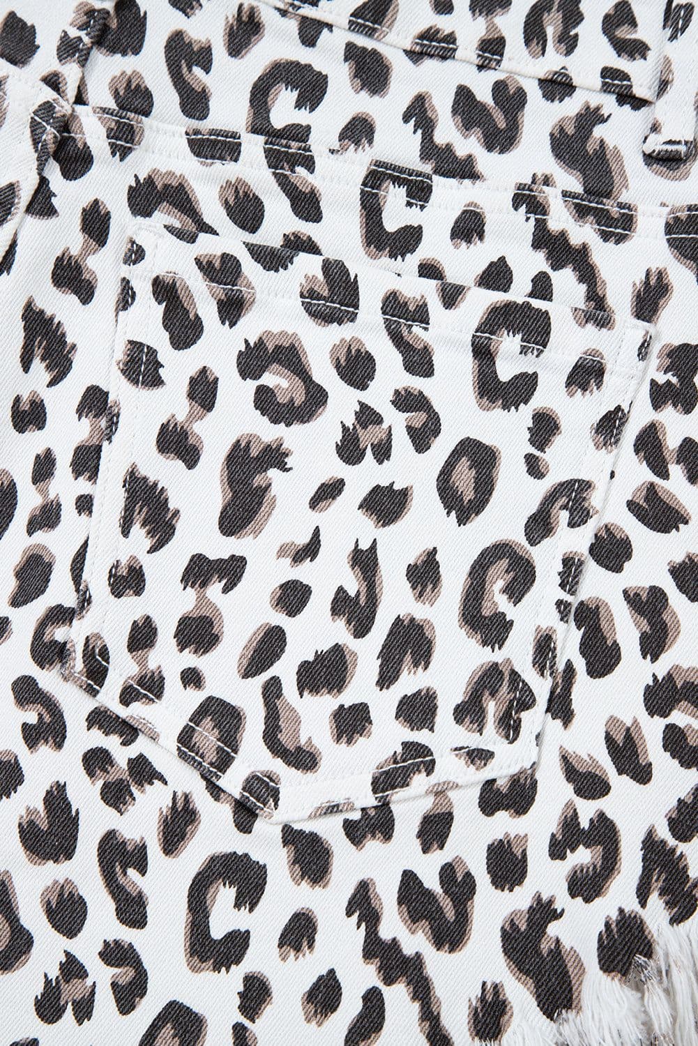 image-White Leopard Frayed Hem Denim Shorts