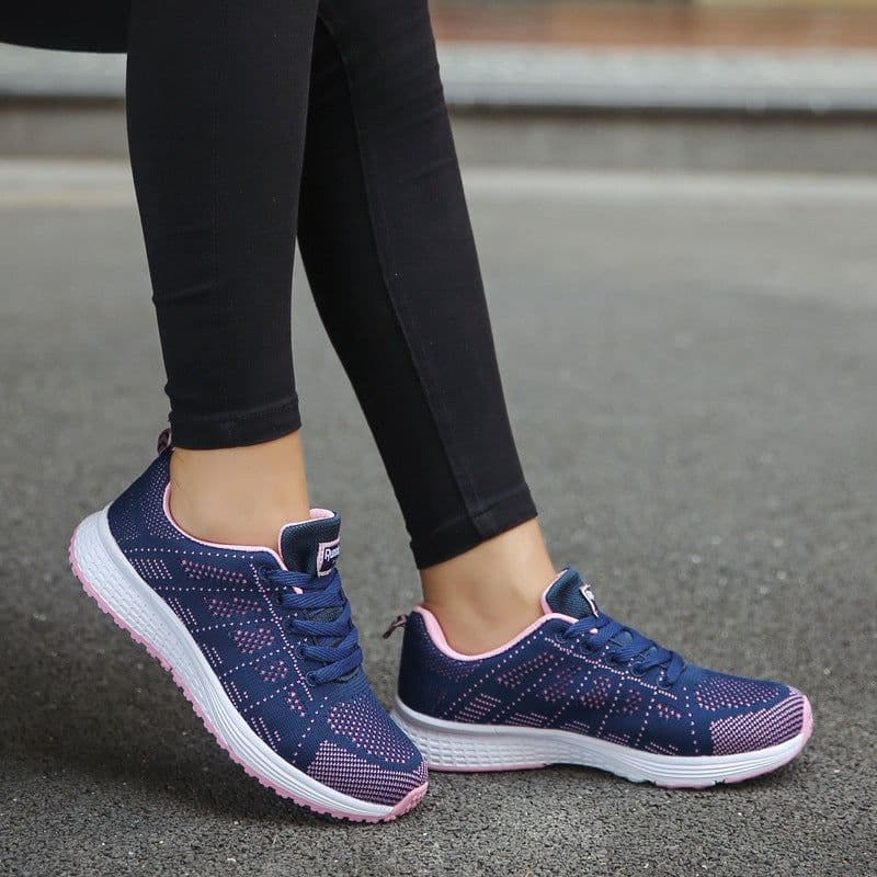 image-Women's Sports Sneakers - Mesh Upper, Low Wedge Heel
