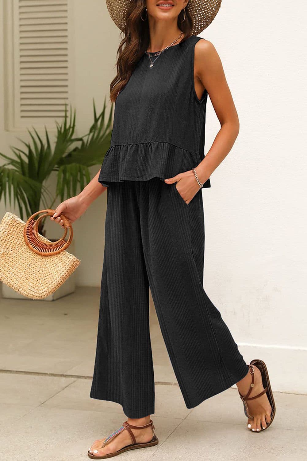 image-Duffel Green Solid Color Ribbed Ruffle Tank Top and Pants Set