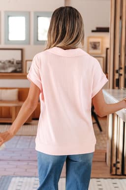 image-Light Pink Collared V Neck Ribbed Tee