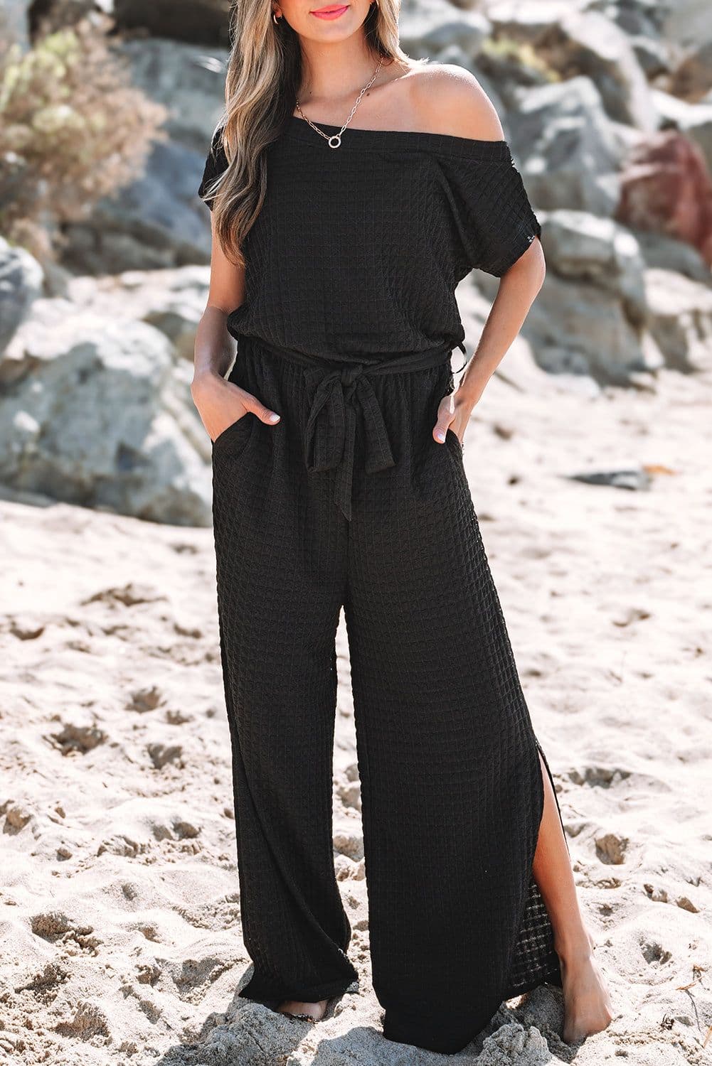 image-Black Checkered Mesh One Shoulder Jumpsuit
