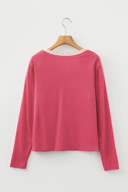 image-Racing Red Ribbed Knit Top - V Neck Lace Trim