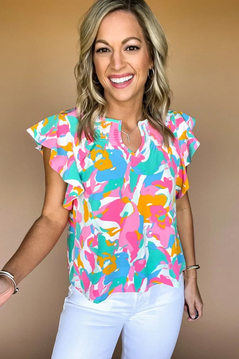 image-Abstract Print Notched Neck Flutter Sleeve Blouse - Multicolour