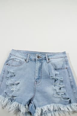 image-Light Blue Distressed Denim Shorts - High Waist Ripped