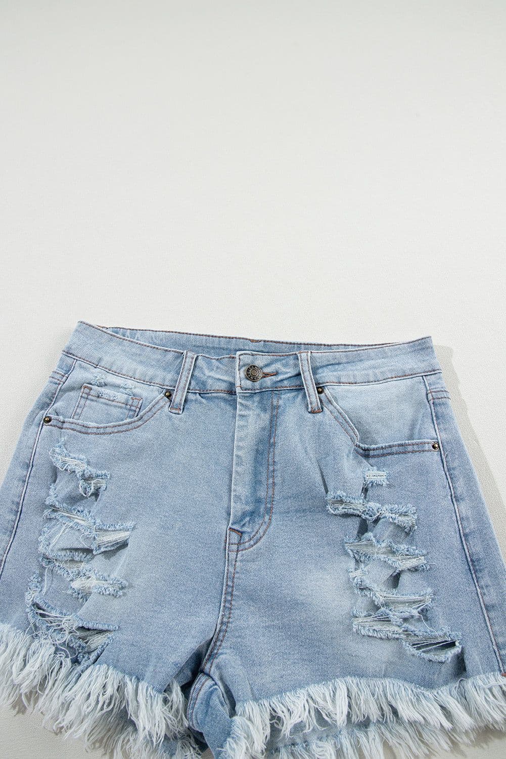 image-Light Blue Distressed Denim Shorts - High Waist Ripped