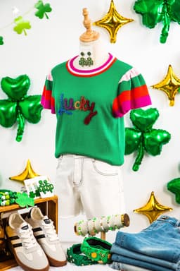 image-Bright Green Shiny Lucky Striped Flutter Sleeve Round Neck Sweater