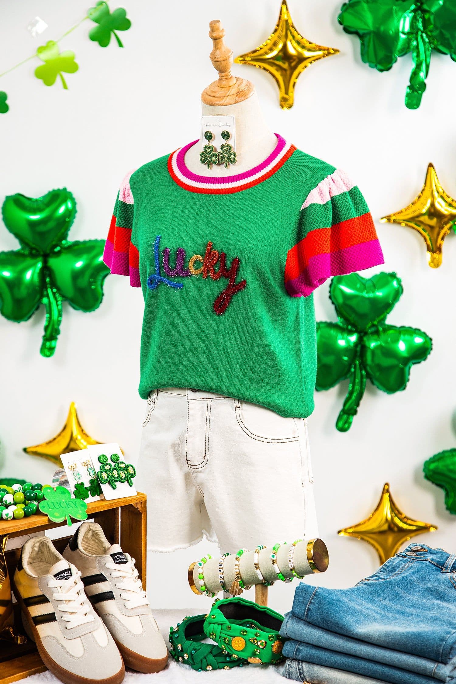 image-Bright Green Shiny Lucky Striped Flutter Sleeve Round Neck Sweater