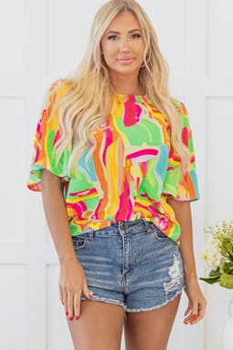 image-Multicolour Abstract Print Keyhole Back Pleated Half Sleeve Blouse