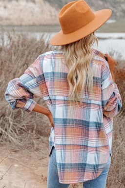 image-Shacket with Pink/Black Plaid Flap Pockets - Chic Style, Loose Fit (65 characters)