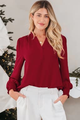 image-Burgundy Long Sleeve Blouse Shirred Cuff V-Neck