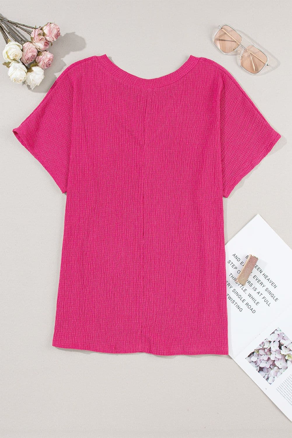 image-Blue Sapphire Crinkled V Neck T-shirt - Women's Fashion