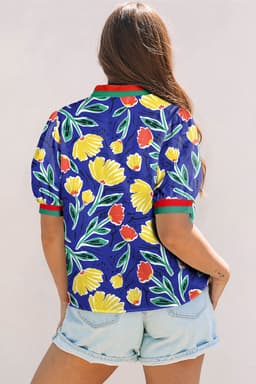 image-Blue Wild Floral Printed Contrast Striped Patchwork V Neck Short Sleeve Blouse