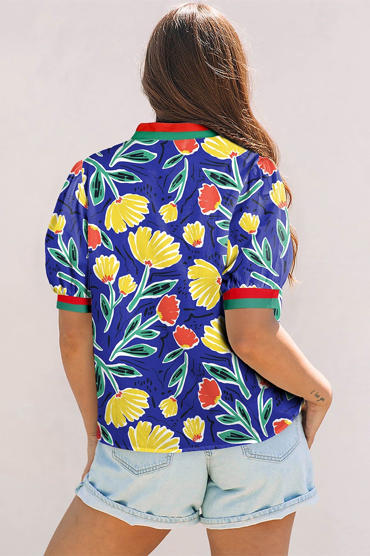 image-Blue Wild Floral Printed Contrast Striped Patchwork V Neck Short Sleeve Blouse