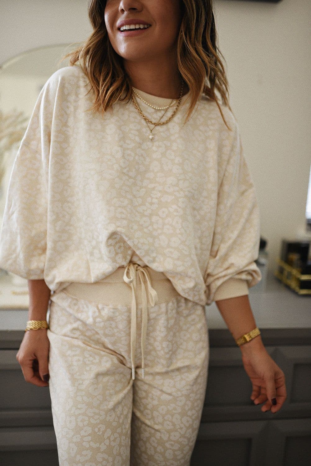 image-White Cheetah Print Two Piece Loose Fit Cozy Loungewear