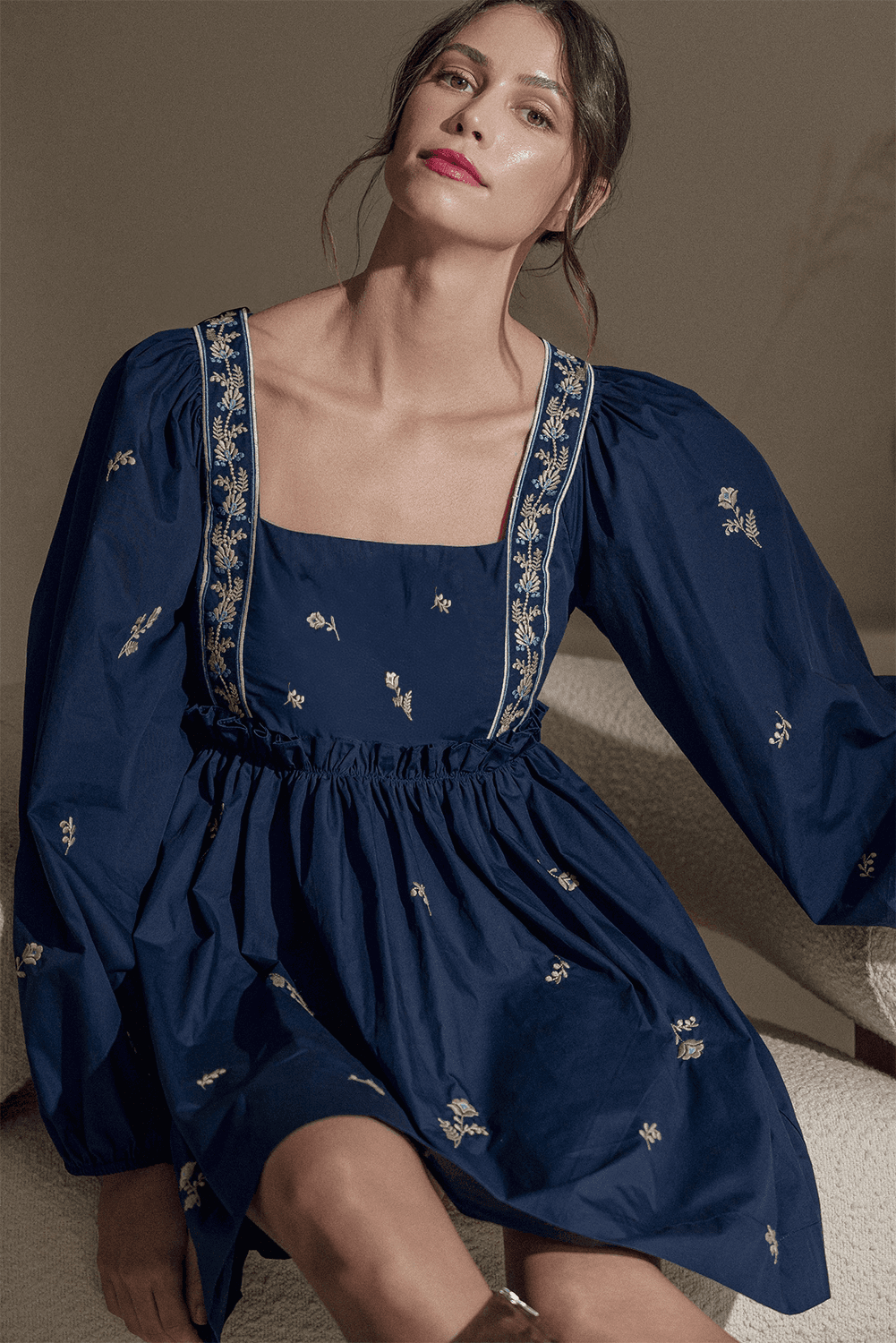 image-Blue Floral Embroidered Square Neck Puff Sleeve Ruffled Mini Dress
