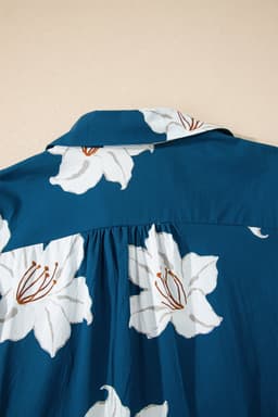 image-Blue Floral Print Shirt Collar V Neck 3/4 Sleeve Shift Midi Dress