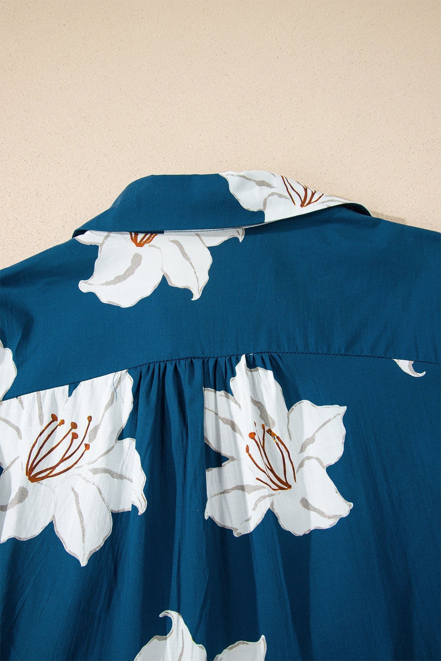 image-Blue Floral Print Shirt Collar V Neck 3/4 Sleeve Shift Midi Dress