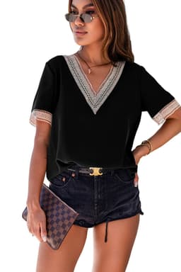 image-Black Lace Trim V-Neck Short Sleeve Blouse - Size Chart Available