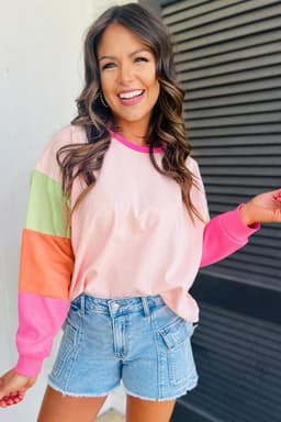 image-Dark Blue Colorblock Patchwork Long Sleeve Loose Top
